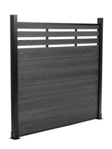 Black composite privacy fence panel with horizontal lattice top, shown at an angle