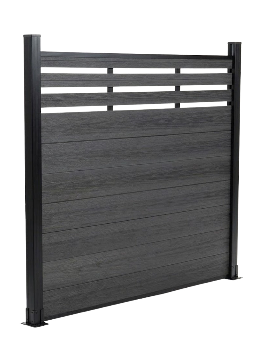 Black composite privacy fence panel with horizontal lattice top, shown at an angle