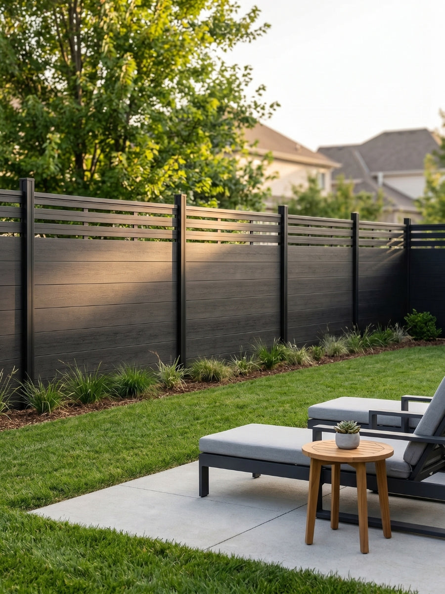 Black composite privacy fence with slatted lattice top enclosing a backyard patio and lawn