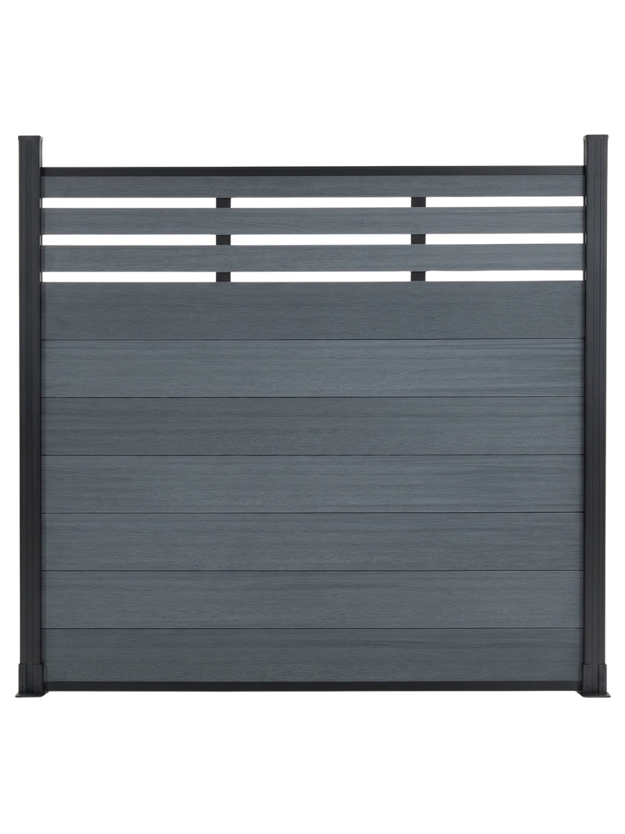 Front view of a light gray composite privacy fence panel with horizontal top lattice