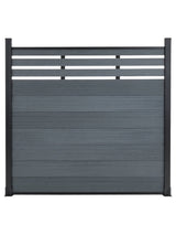 Front view of a light gray composite privacy fence panel with horizontal top lattice