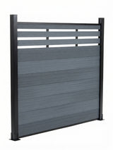 Angled view of a light gray composite privacy fence panel with top lattice and black posts
