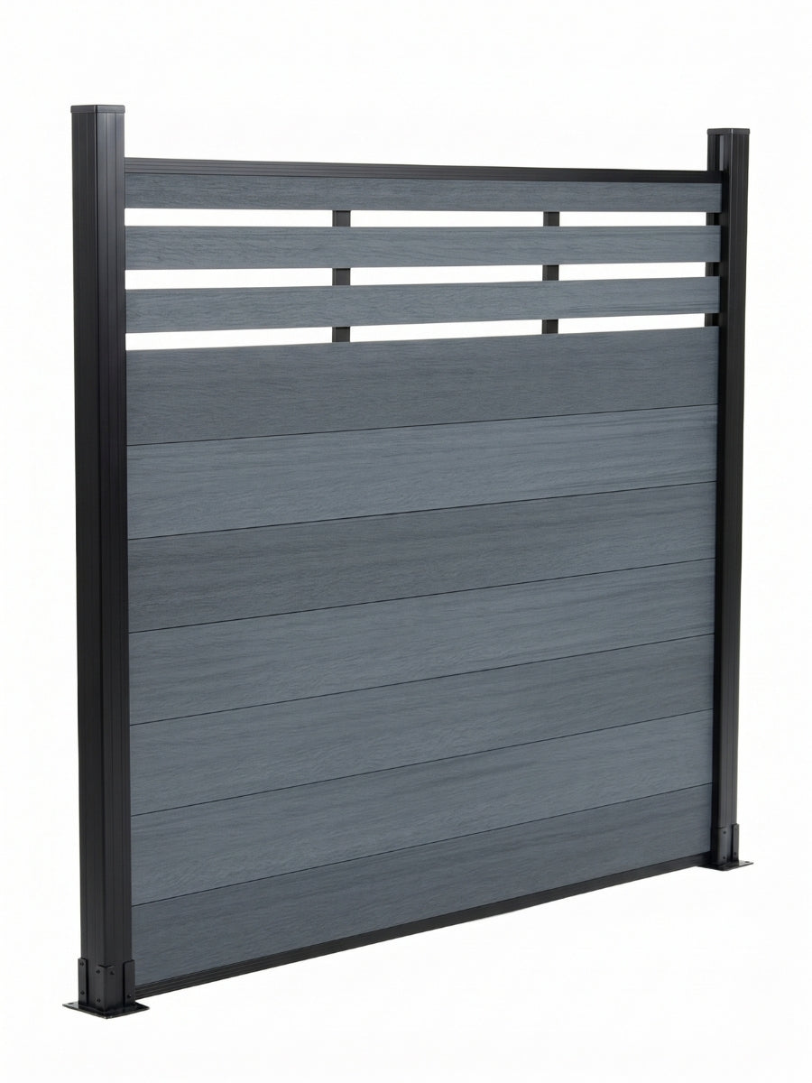 Angled view of a light gray composite privacy fence panel with top lattice and black posts