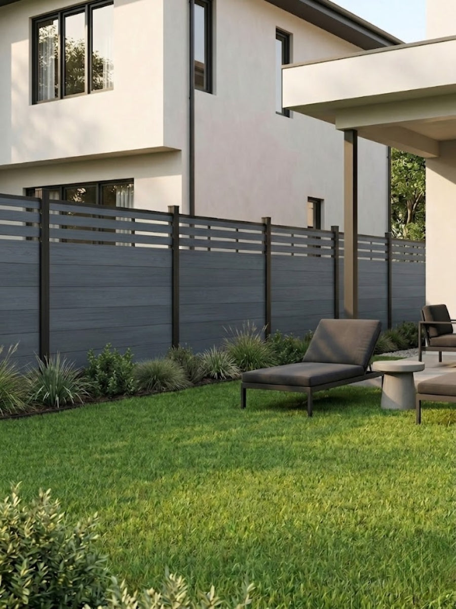 Light gray top lattice composite privacy fence installed around a modern backyard lawn and patio