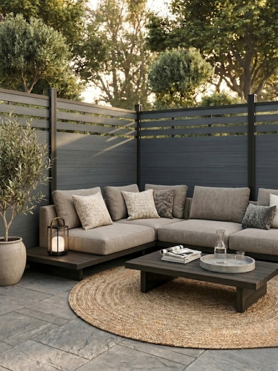 Light gray composite privacy fence enclosing an outdoor sectional seating area