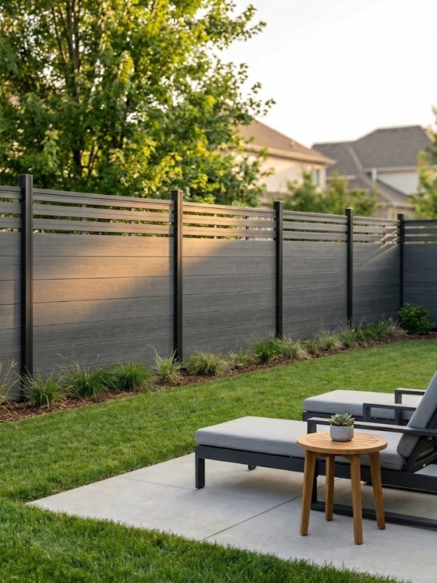 Light gray top lattice composite fence installed along a landscaped backyard patio