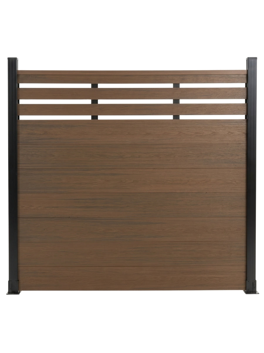 Front view of walnut composite privacy fence panel with horizontal lattice top and black posts