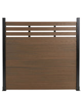 Front view of walnut composite privacy fence panel with horizontal lattice top and black posts