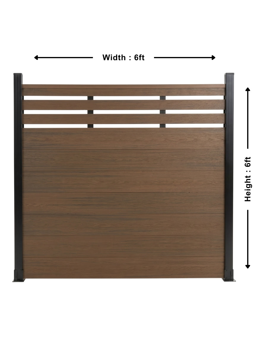 Walnut composite privacy fence with lattice top, labeled 6 feet wide by 6 feet high
