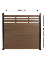 Walnut composite privacy fence with lattice top, labeled 6 feet wide by 6 feet high