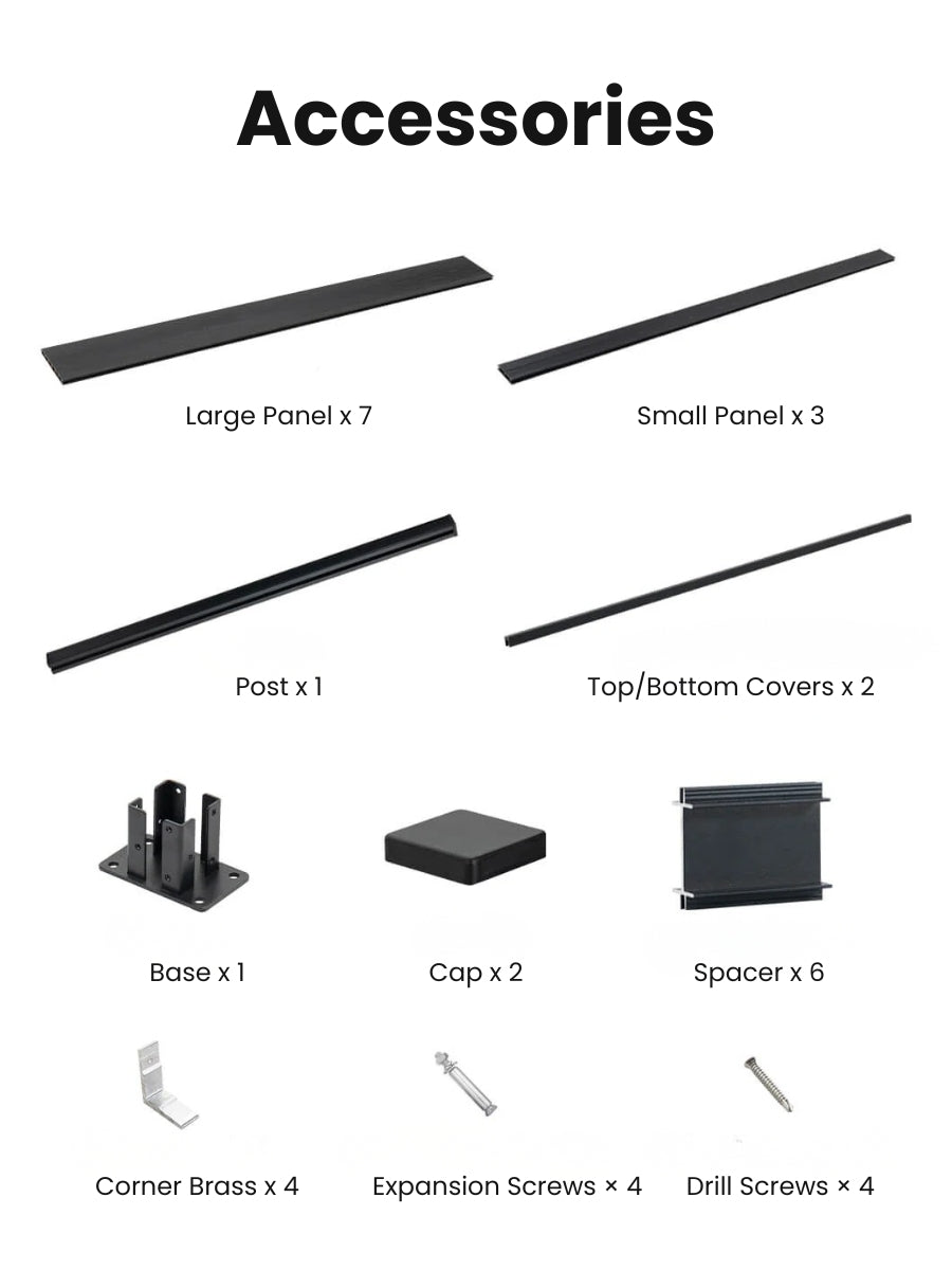 Fence panel accessories including boards, post, covers, base, caps, spacers, brackets and screws