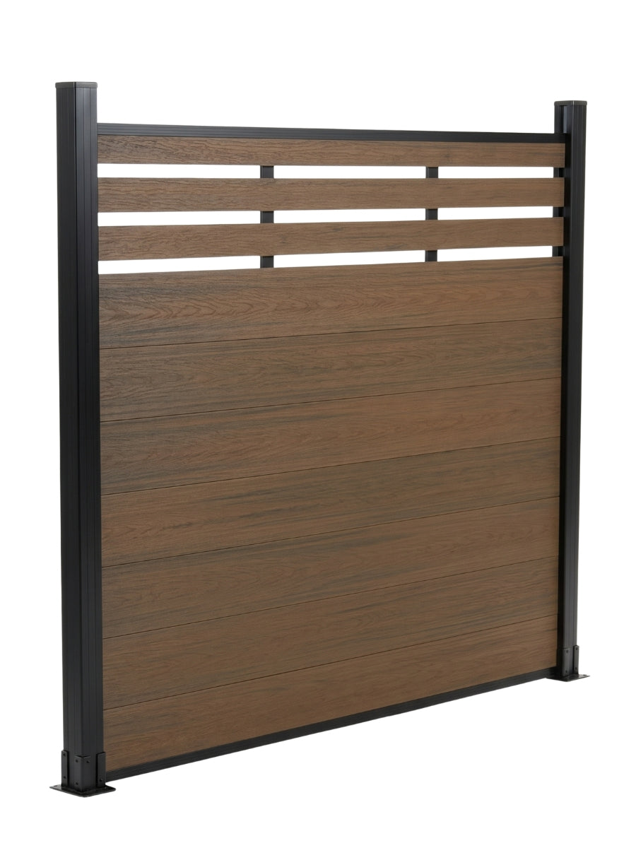 Angled view of walnut composite privacy fence panel with horizontal lattice top and black frame