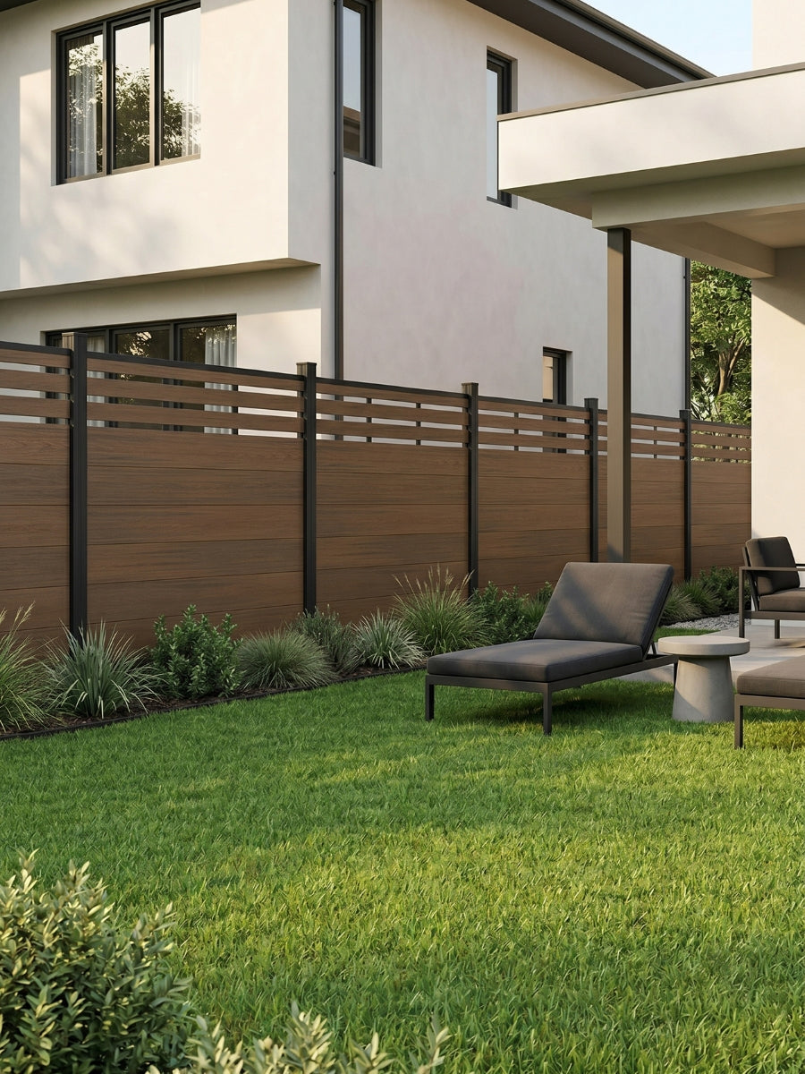 Walnut composite privacy fence with horizontal lattice top installed beside a modern home and lawn