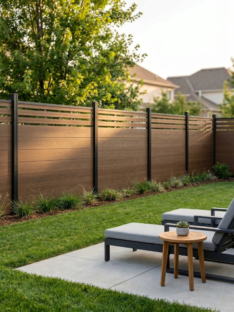 Walnut lattice-top composite privacy fence installed around a landscaped backyard seating area