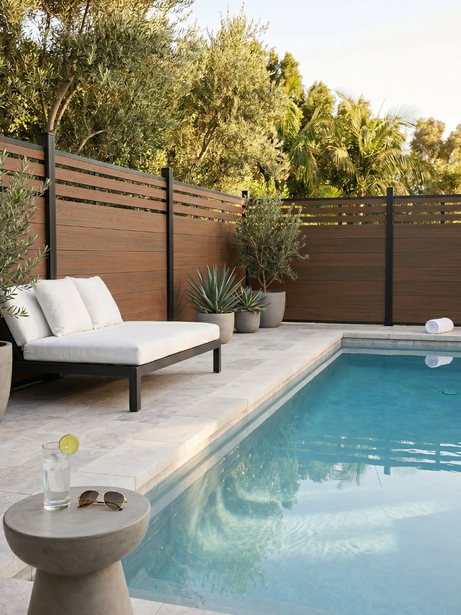 Walnut composite privacy fence with lattice top enclosing a poolside patio with lounge seating