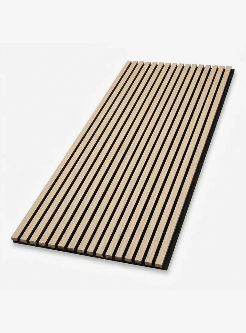 Pale natural wood slat acoustic panel sample on black backing, shown at an angle