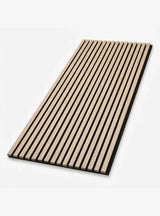 Pale natural wood slat acoustic panel sample on black backing, shown at an angle