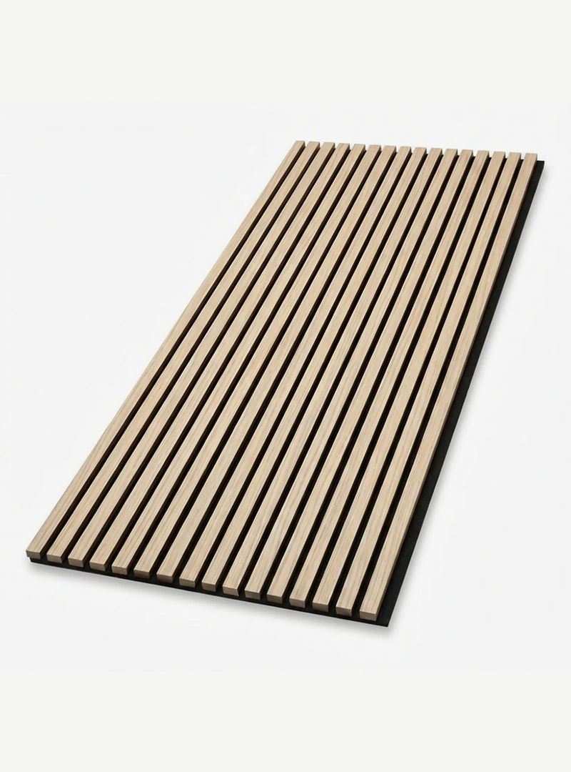Light oak acoustic wood slat wall panel with evenly spaced slats on black backing