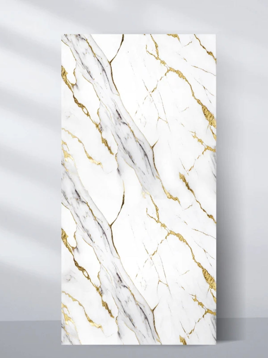 4x8 ft Luxe Gold Vein Marble PVC wall panel with a white surface and sweeping gray and gold veining
