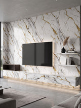 Modern TV feature wall clad in white Luxe Gold Vein Marble PVC panels with gray and gold veining