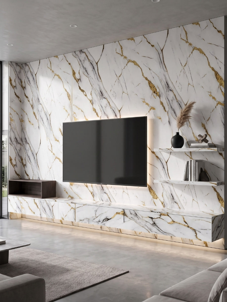 Modern TV feature wall clad in white Luxe Gold Vein Marble PVC panels with gray and gold veining