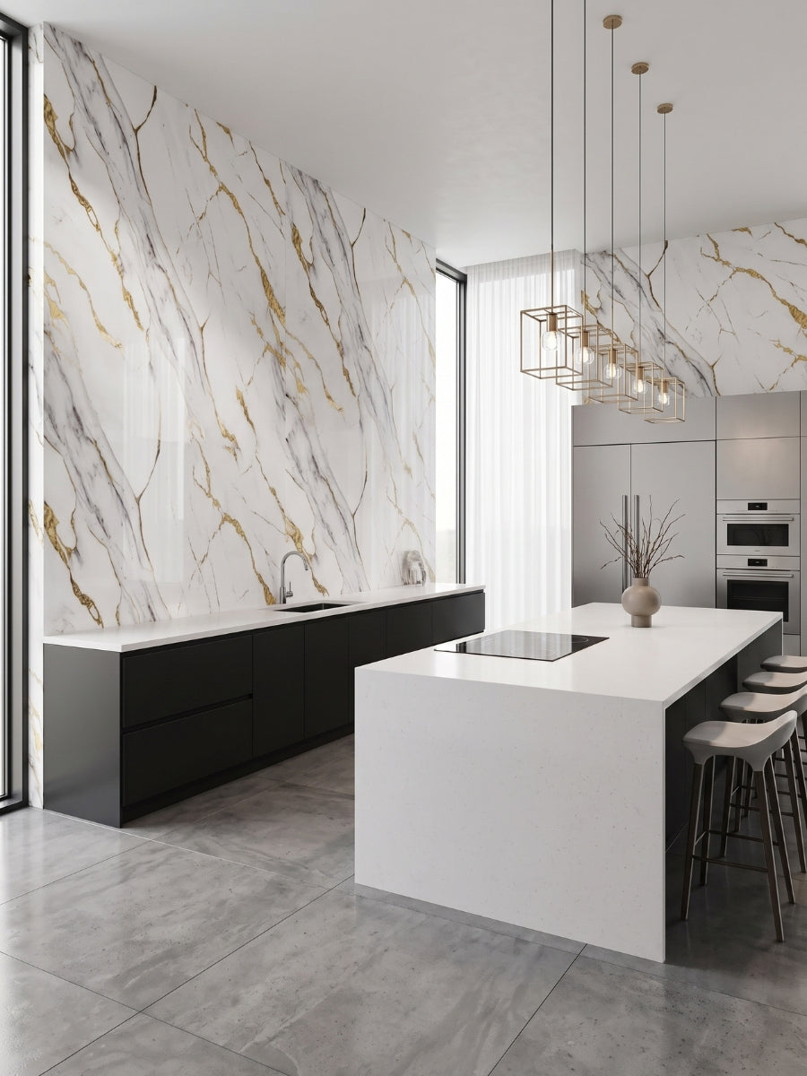 Luxe Gold Vein Marble PVC wall panels surrounding a modern kitchen with black cabinets and a white island