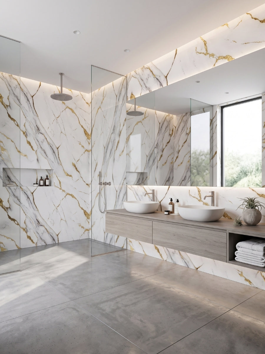 Waterproof Luxe Gold Vein Marble PVC wall panels in a bathroom with a glass shower and double vanity