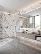 Waterproof Luxe Gold Vein Marble PVC wall panels in a bathroom with a glass shower and double vanity