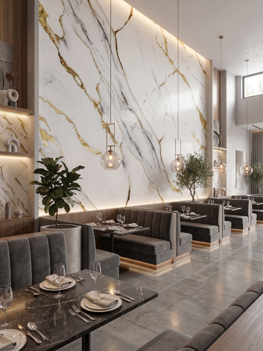 Tall Luxe Gold Vein Marble PVC feature wall with dramatic gray and gold veining in a restaurant dining area