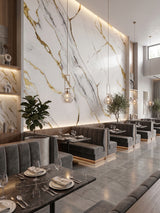Tall Luxe Gold Vein Marble PVC feature wall with dramatic gray and gold veining in a restaurant dining area