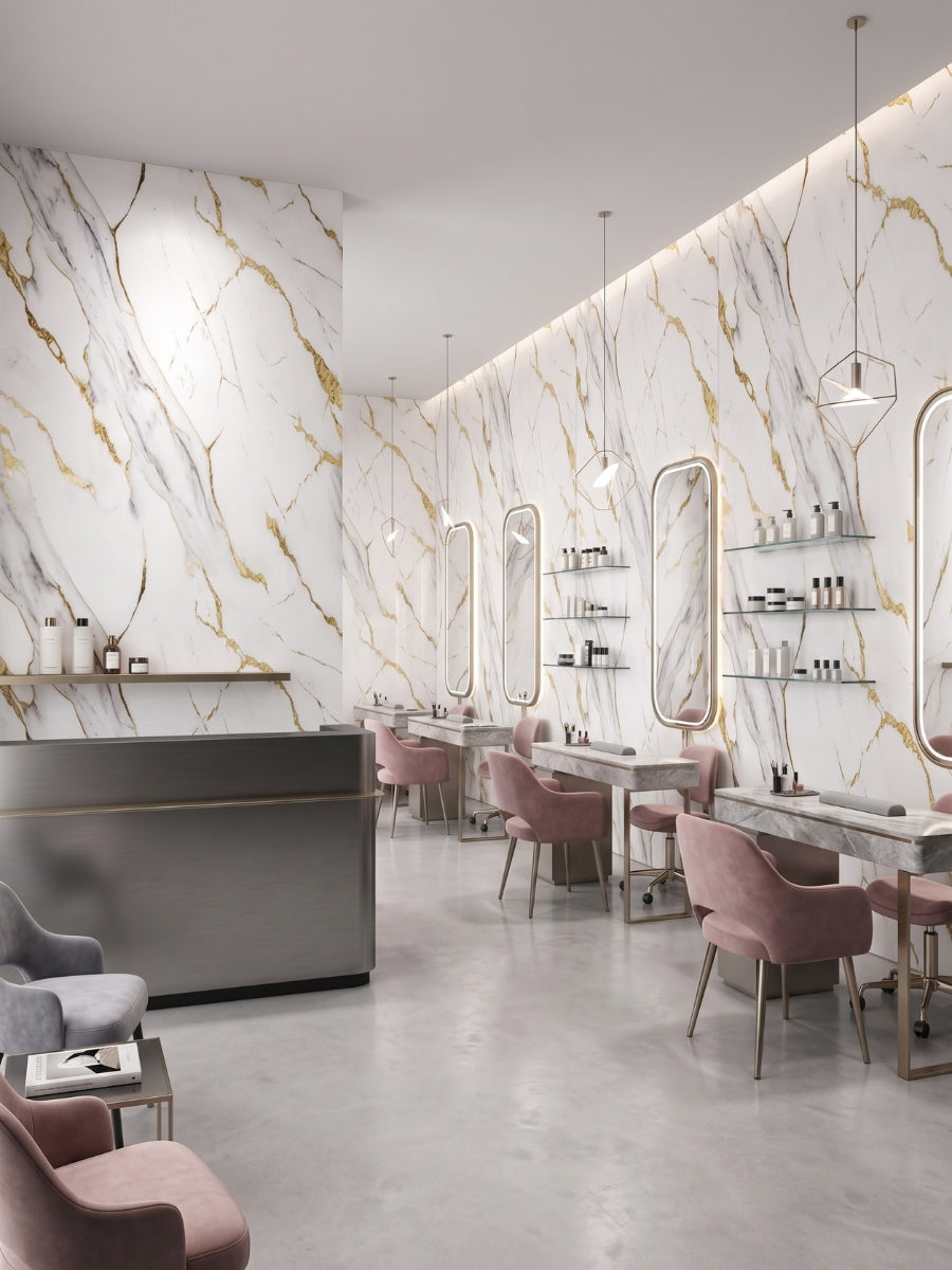 Luxe Gold Vein Marble PVC wall panels lining a bright salon with mirrors, product shelves, and pink chairs