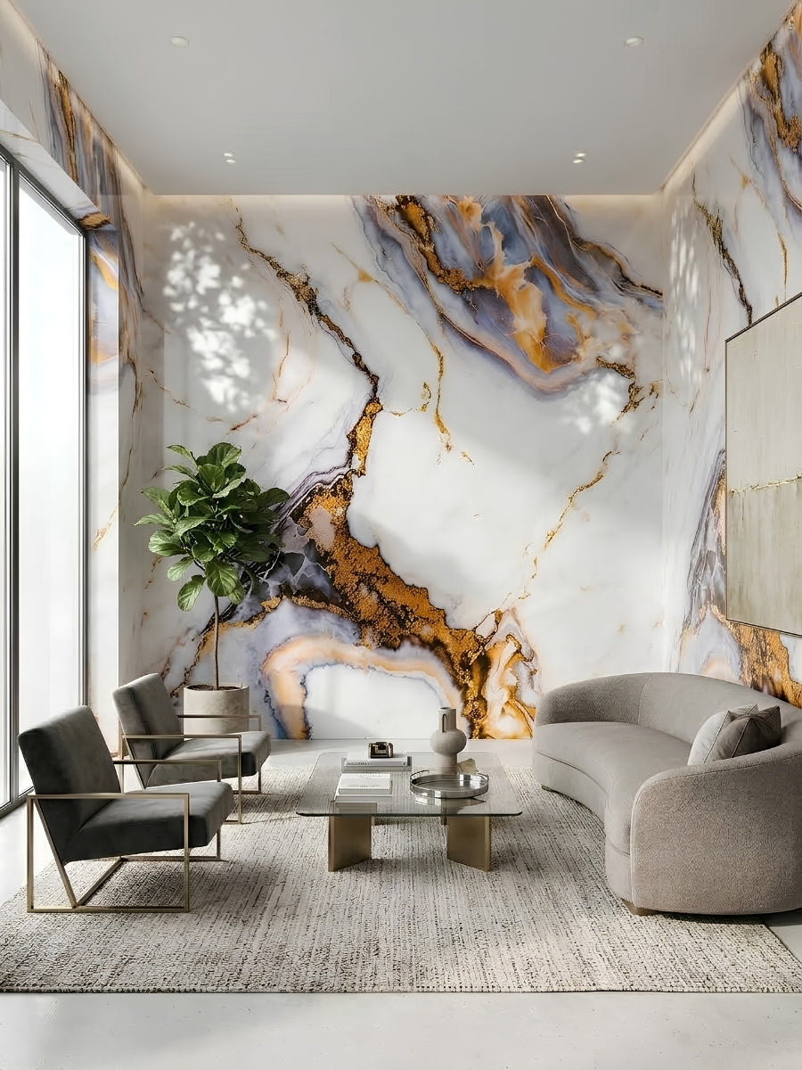 Luxe Horizon Marble PVC Wall Panel installed as a dramatic living room feature wall