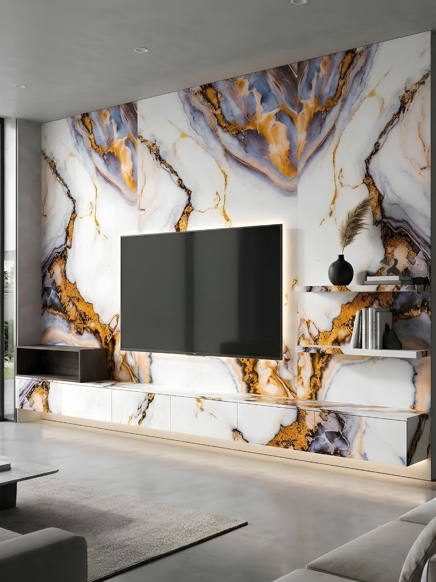 Luxe Horizon Marble PVC Wall Panels covering a modern TV media wall with coordinated cabinetry