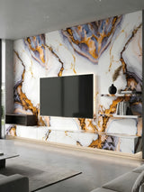 Luxe Horizon Marble PVC Wall Panels covering a modern TV media wall with coordinated cabinetry