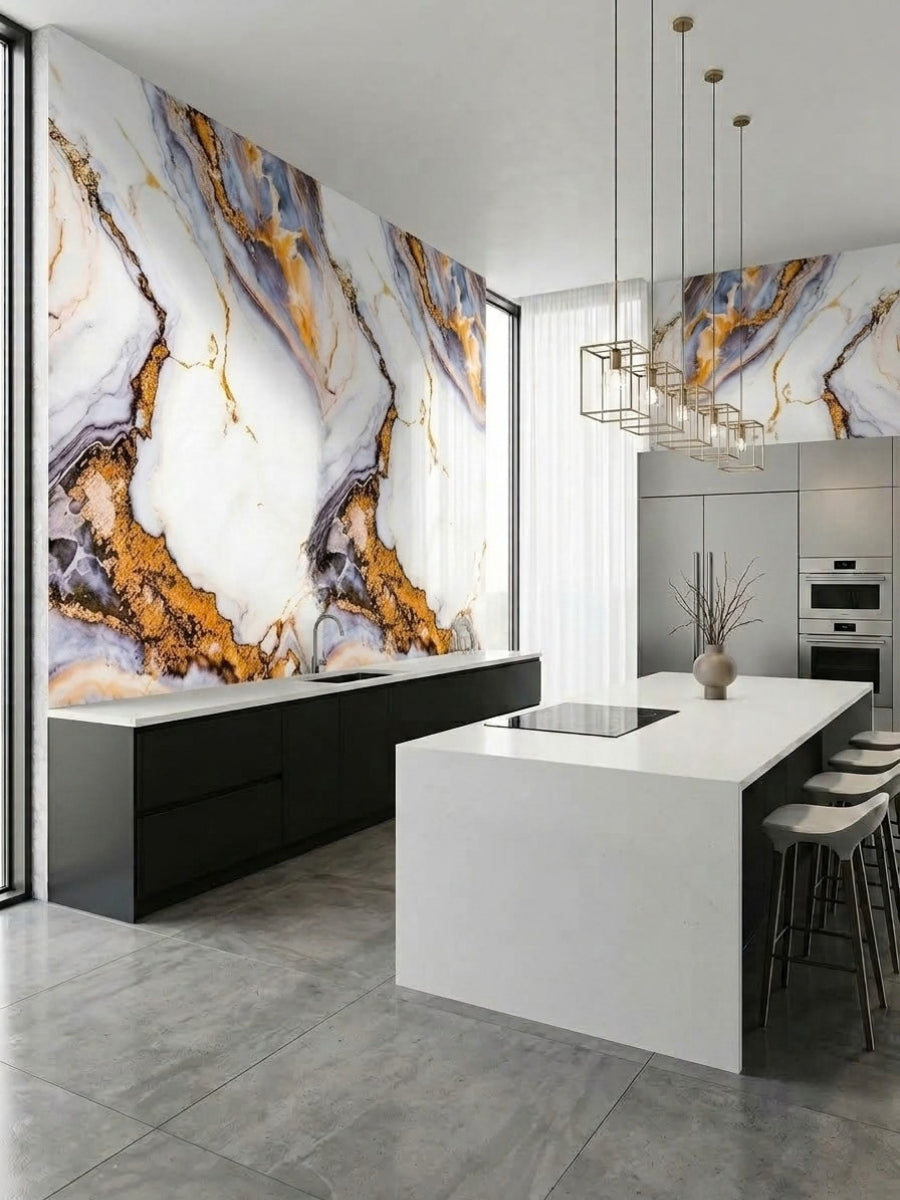 Modern kitchen with Luxe Horizon Marble PVC Wall Panels installed above black base cabinets