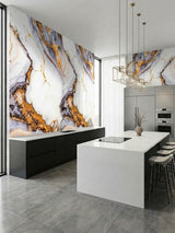 Modern kitchen with Luxe Horizon Marble PVC Wall Panels installed above black base cabinets