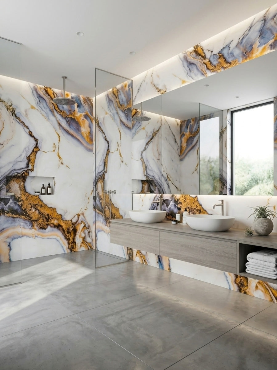 Luxe Horizon Marble PVC Wall Panels lining a modern bathroom with double sinks and a glass shower