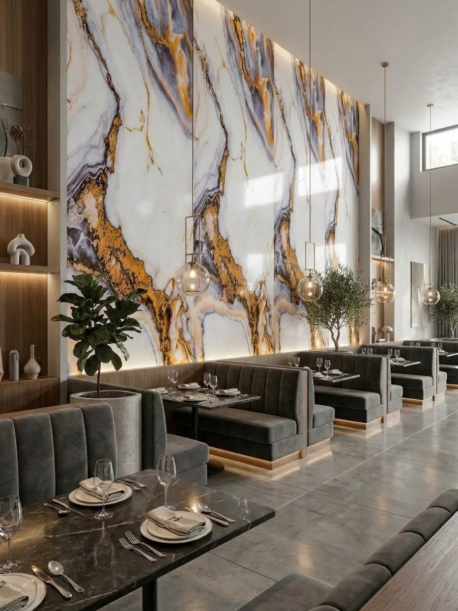 Restaurant dining area with tall Luxe Horizon Marble PVC Wall Panels featuring bold gold and blue-gray veining