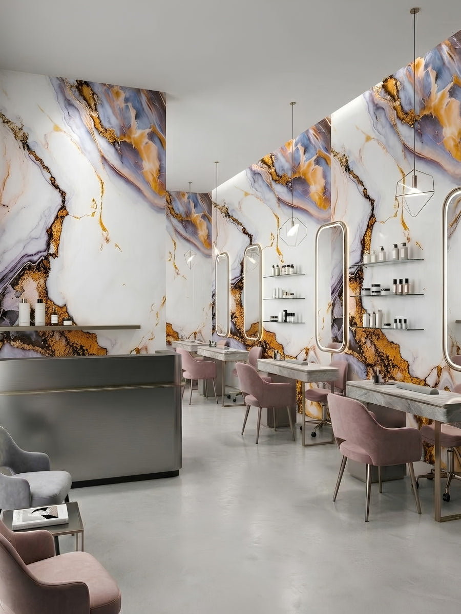 Salon interior finished with Luxe Horizon Marble PVC Wall Panels behind mirrors and styling stations