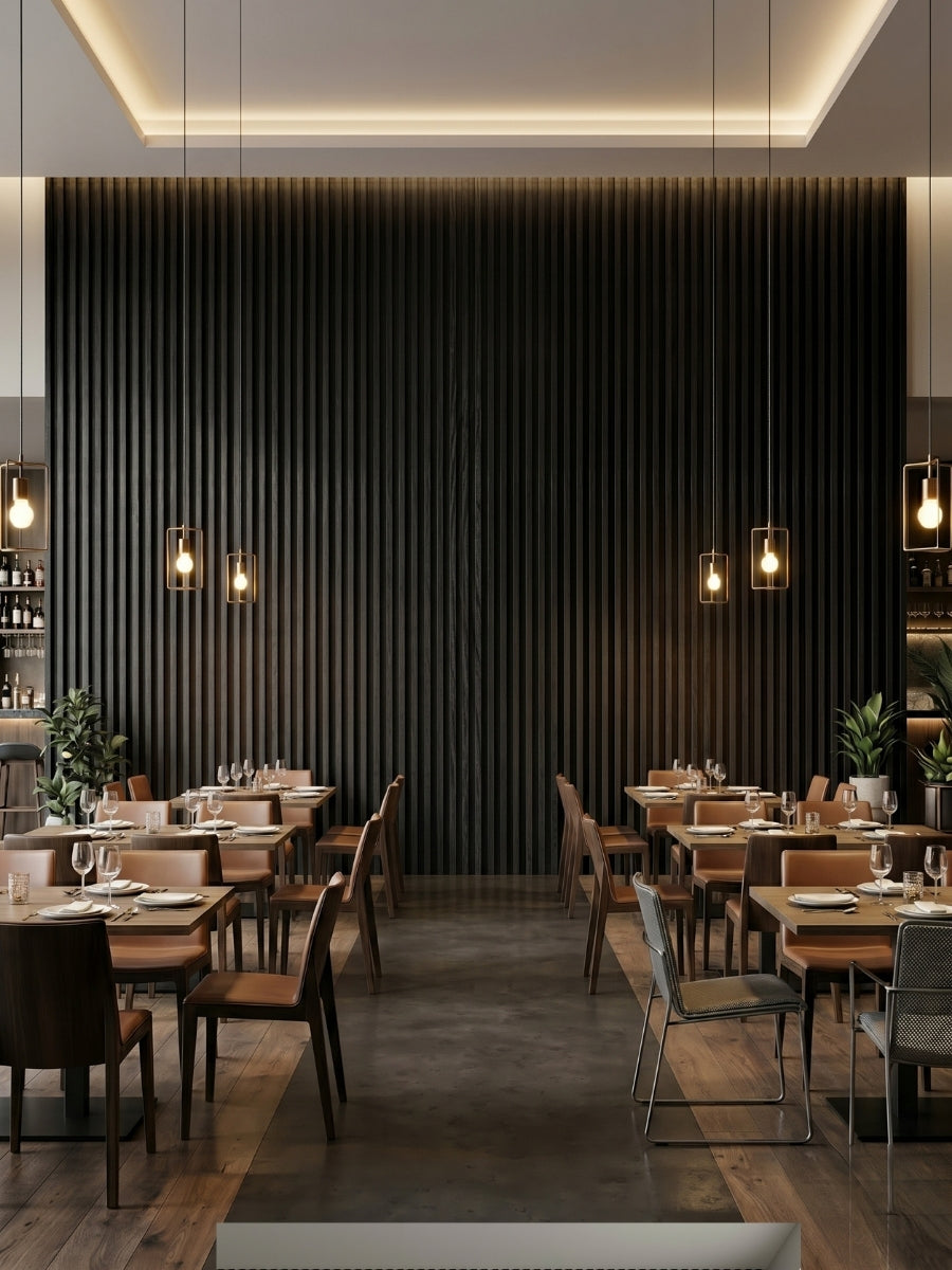 Luxe Noir WPC Fluted 3D Wall Panels for Modern Restaurant Interior