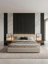 Luxe Noir fluted 3D wall panels paired with marble-look sections behind a modern bed