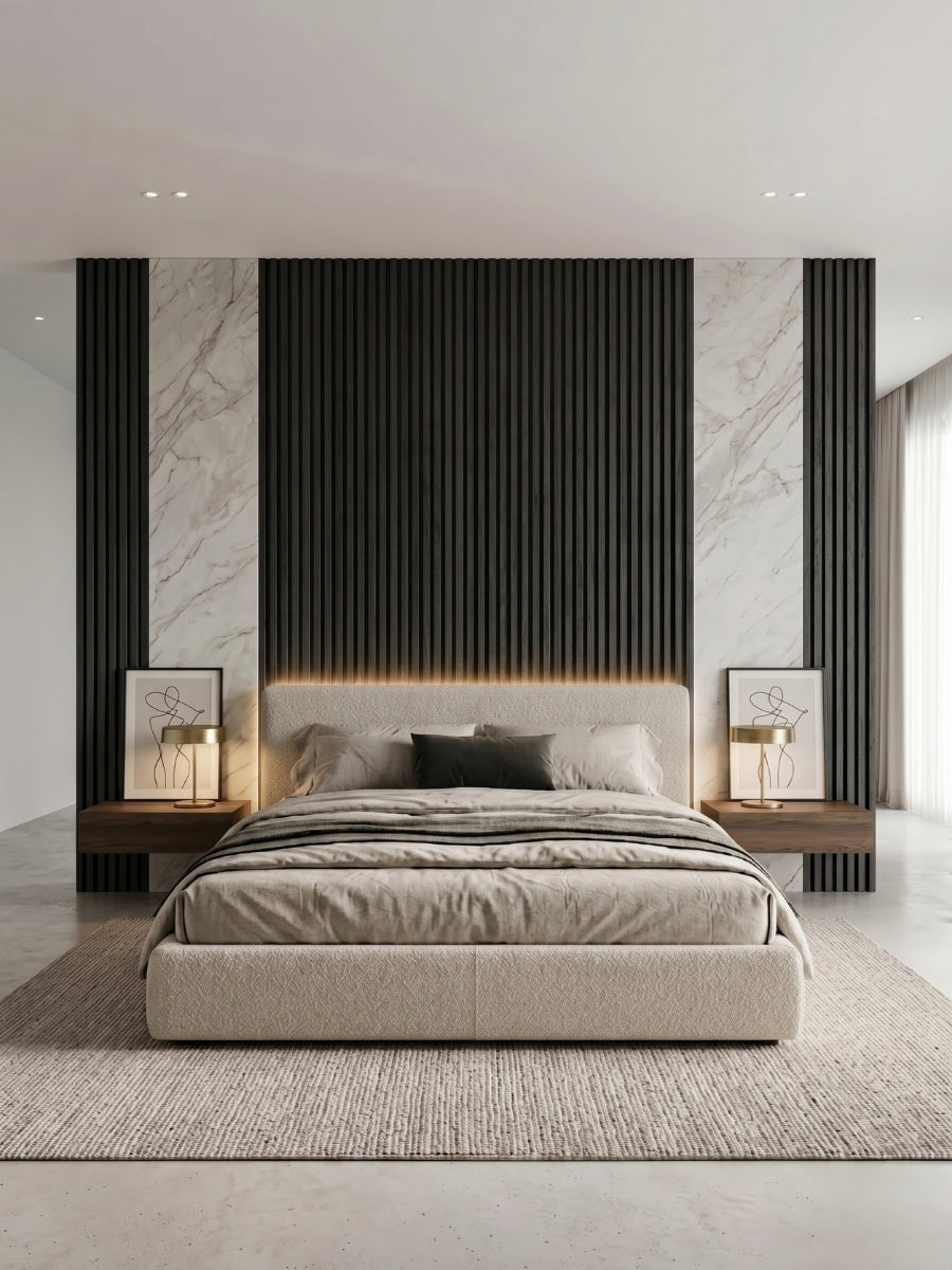 Luxe Noir fluted 3D wall panels paired with marble-look sections behind a modern bed