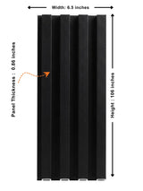 Luxe Noir WPC fluted wall panel dimensions: 6.5 inches wide, 106 inches high and 0.86 inch thick