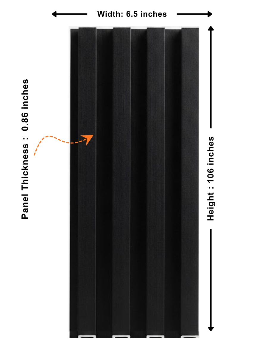 Luxe Noir WPC fluted wall panel dimensions: 6.5 inches wide, 106 inches high and 0.86 inch thick