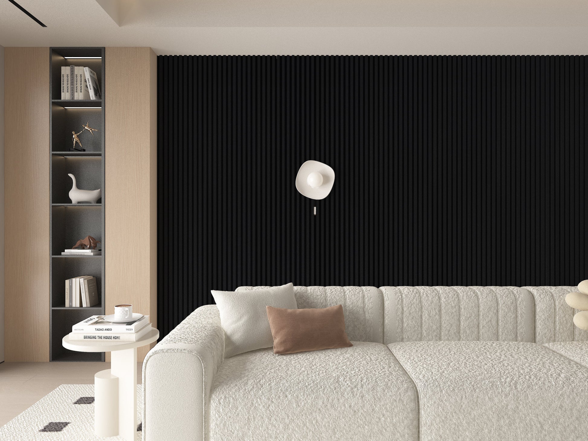 Luxe Noir WPC Fluted 3D Wall Panels. Accel Distribution Inc. Living Room Design With WPC Fluted Wall Panels