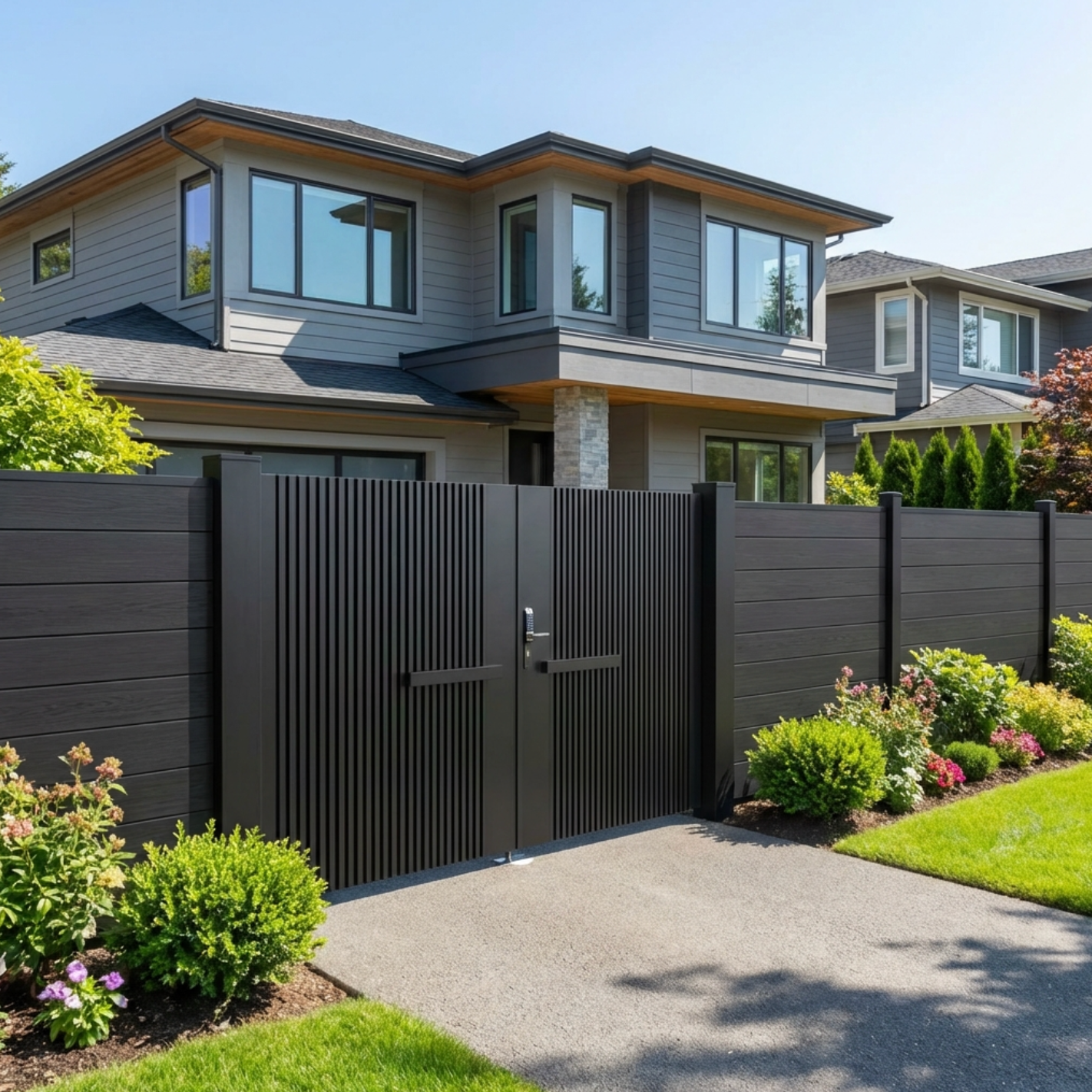 Luxury Aluminum Alloy remote control Double Gate door with Black Composite Fence. From Accel Distribution Inc