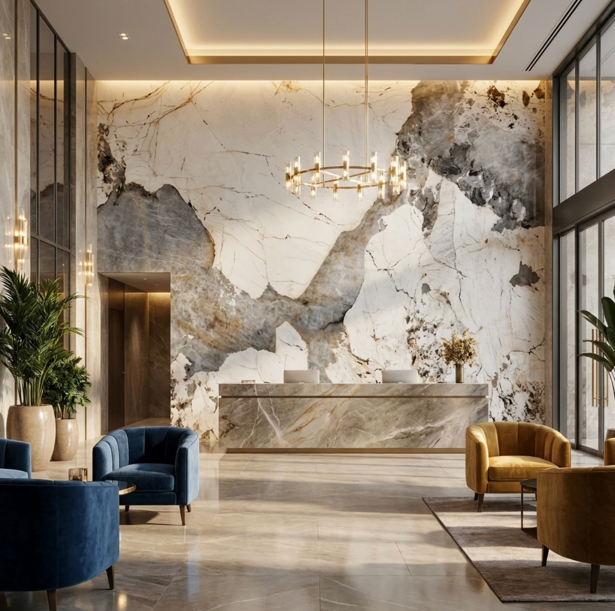 Pandora Granite veneer panels forming a floor-to-ceiling feature wall behind a reception desk