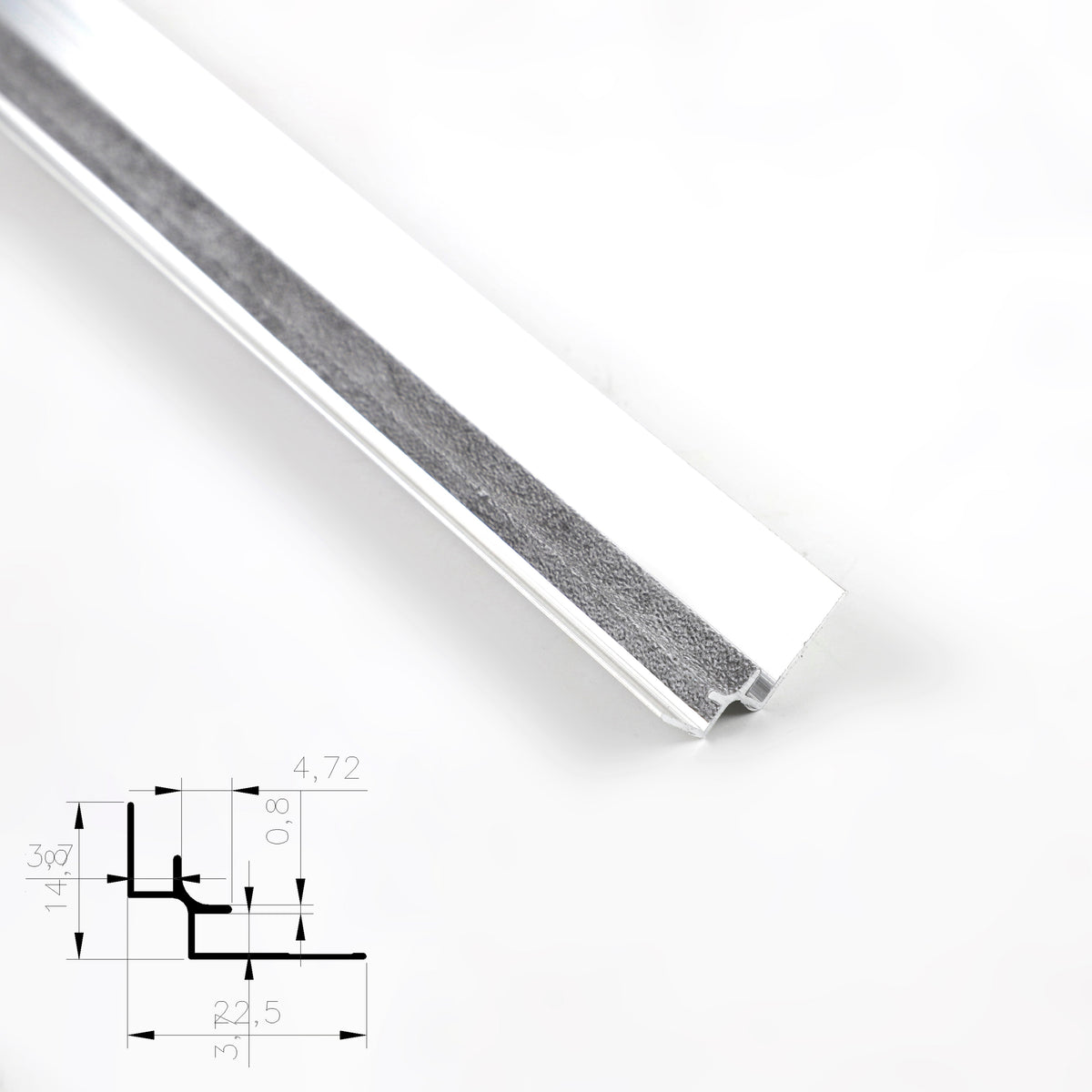 White 3mm aluminum inside corner trim with protective film and profile diagram