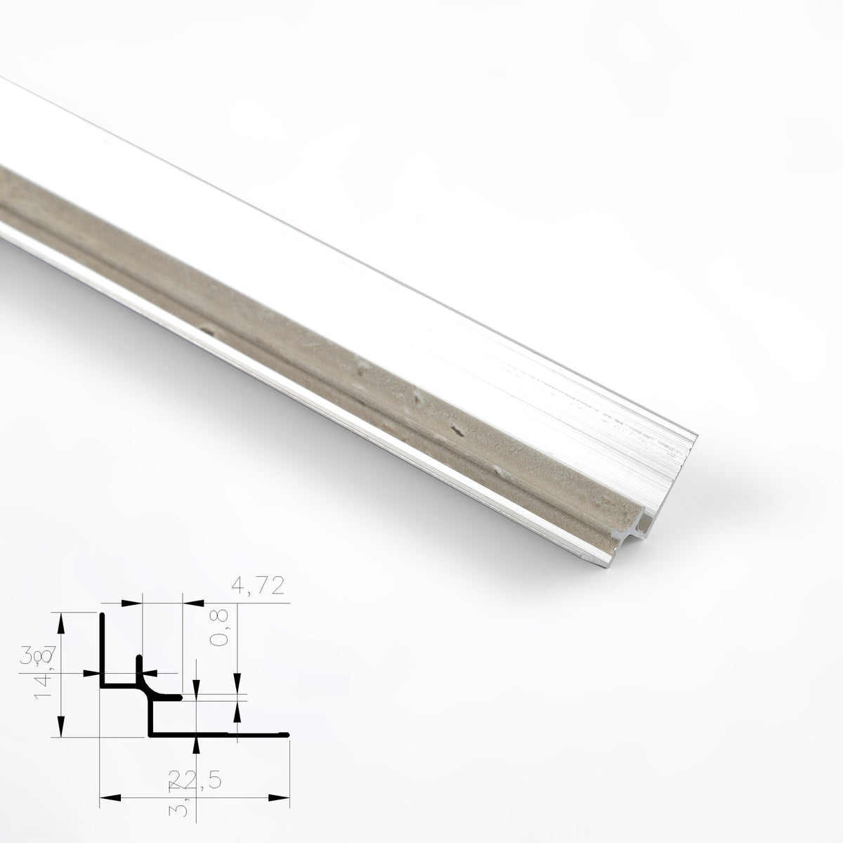 Silver 3mm aluminum inside corner trim with clear protective film and profile diagram