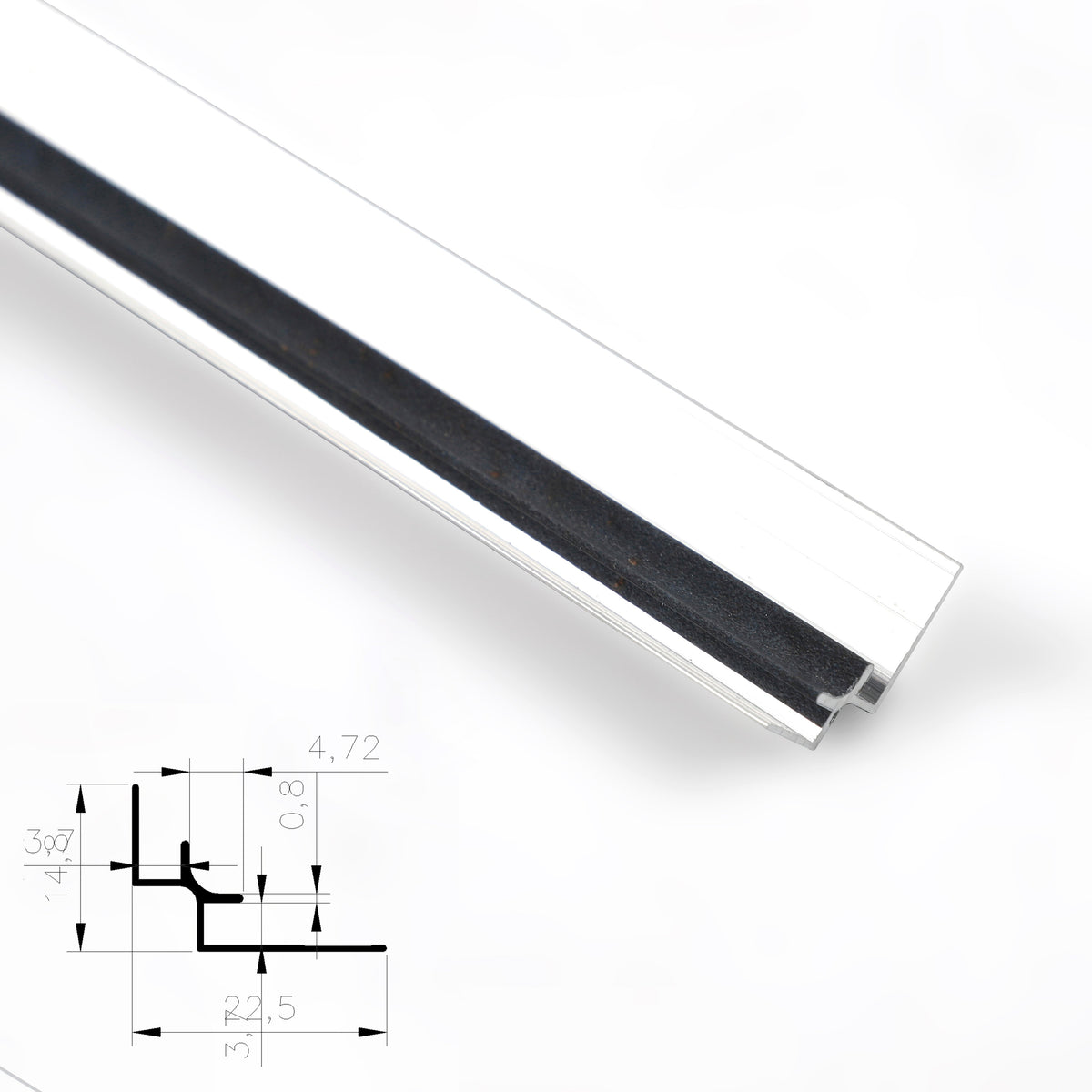 Black 3mm aluminum inside corner trim with clear protective film and profile diagram